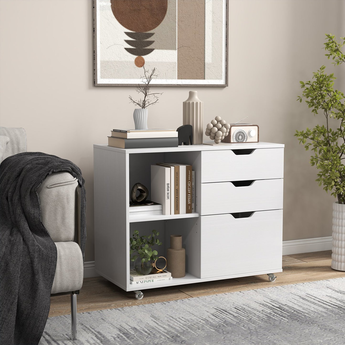 Mobile File Cabinet with 3 Pull-out Drawers and Adjustable Shelf-White
