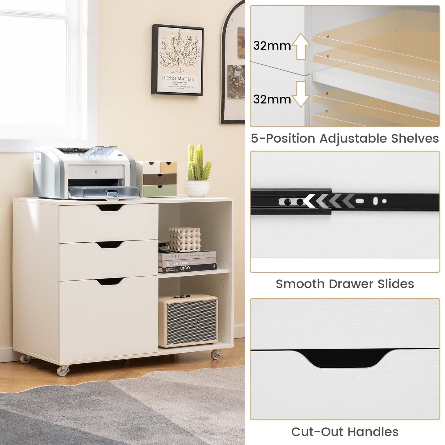 Mobile File Cabinet with 3 Pull-out Drawers and Adjustable Shelf-White