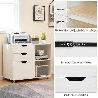 Mobile File Cabinet with 3 Pull-out Drawers and Adjustable Shelf-White