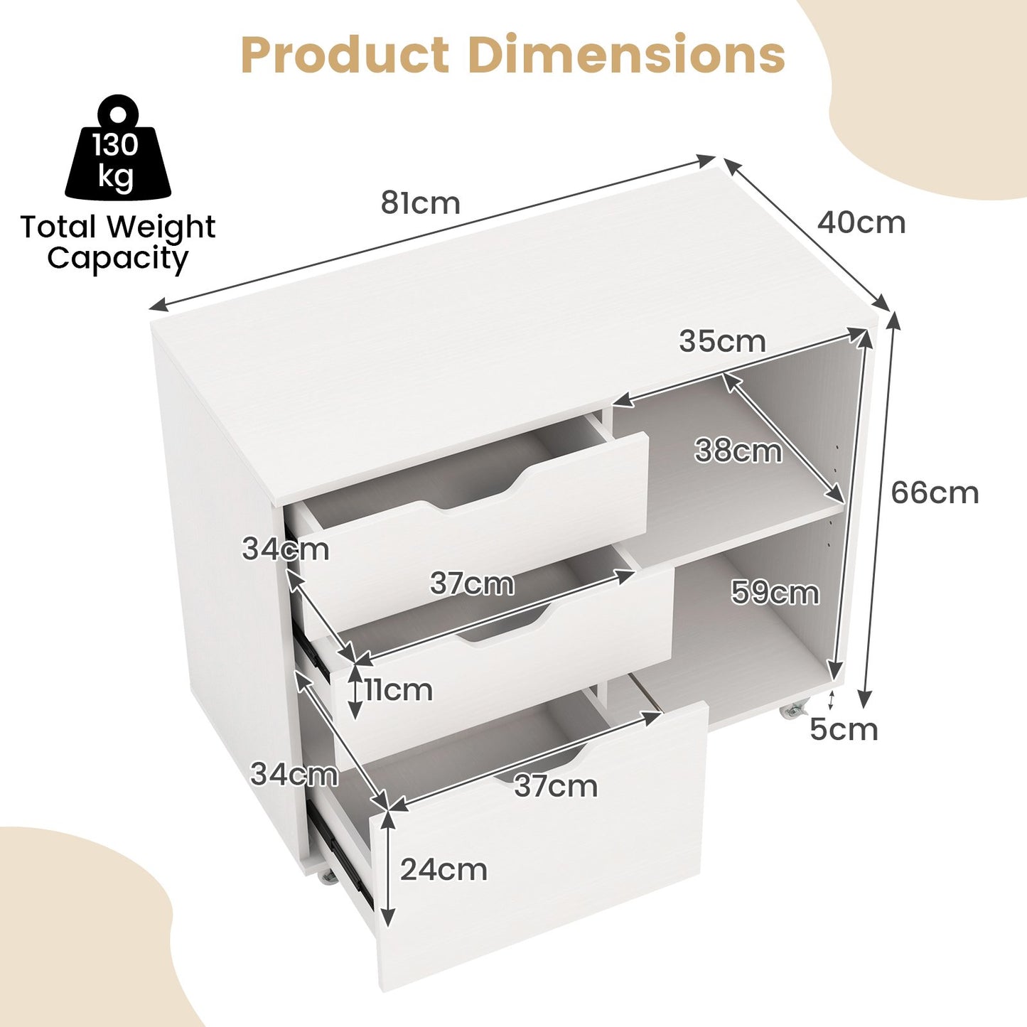 Mobile File Cabinet with 3 Pull-out Drawers and Adjustable Shelf-White