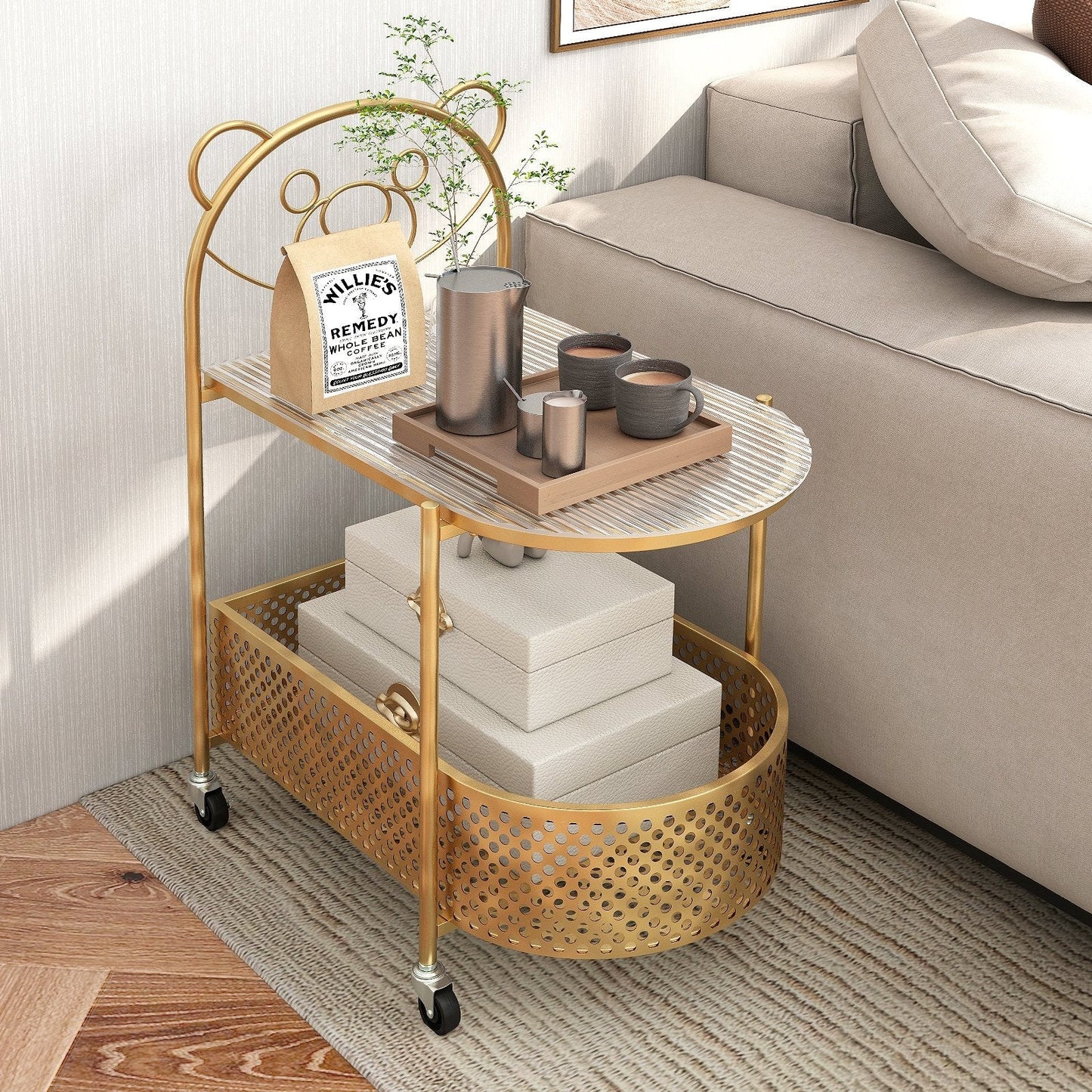 Mobile Glass Coffee Table with Bear Pattern and Storage Basket-Golden