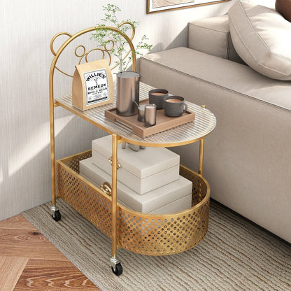 Mobile Glass Coffee Table with Bear Pattern and Storage Basket-Golden