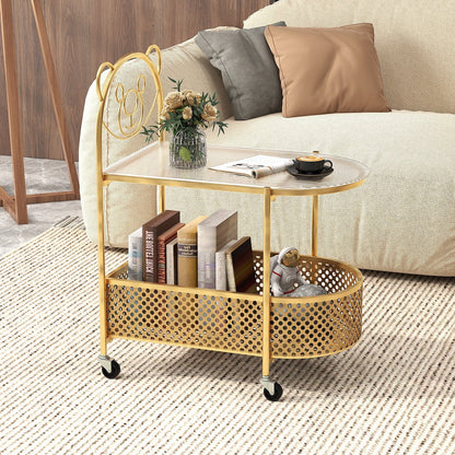 Mobile Glass Coffee Table with Bear Pattern and Storage Basket-Golden