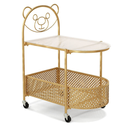 Mobile Glass Coffee Table with Bear Pattern and Storage Basket-Golden