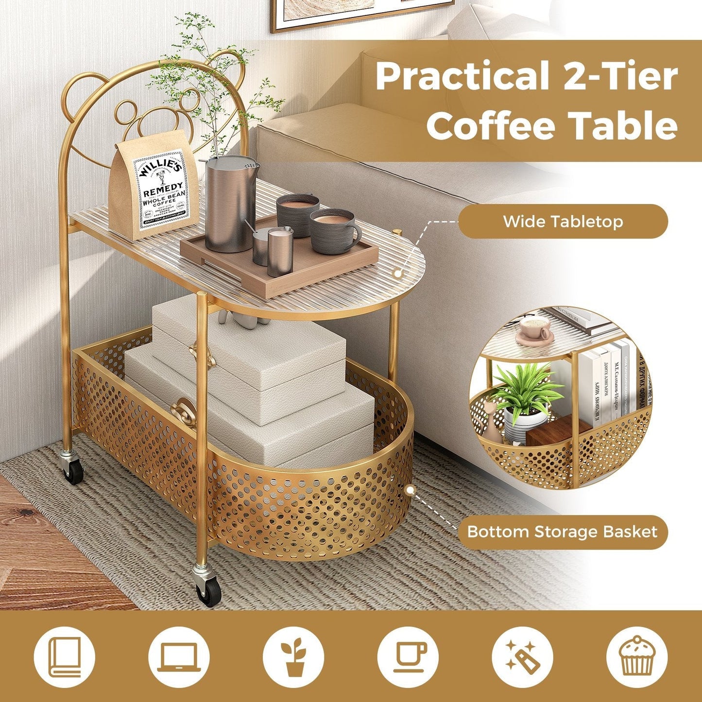 Mobile Glass Coffee Table with Bear Pattern and Storage Basket-Golden