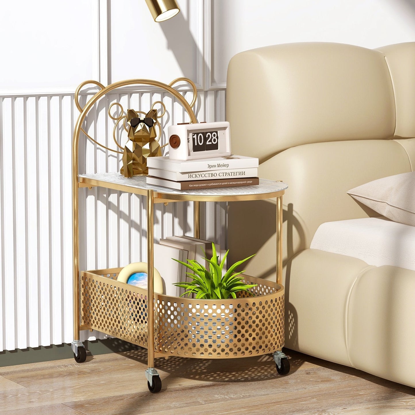 Mobile Glass Coffee Table with Bear Pattern and Storage Basket-Golden