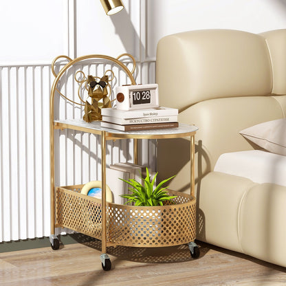 Mobile Glass Coffee Table with Bear Pattern and Storage Basket-Golden