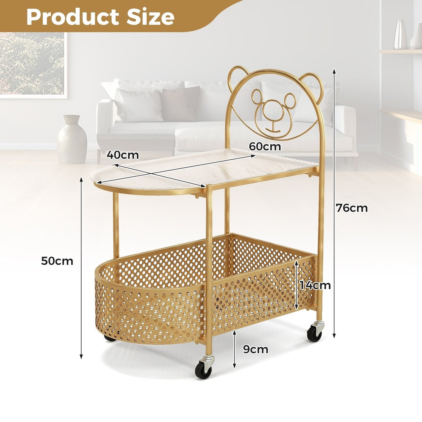 Mobile Glass Coffee Table with Bear Pattern and Storage Basket-Golden