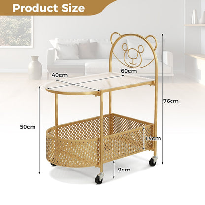 Mobile Glass Coffee Table with Bear Pattern and Storage Basket-Golden