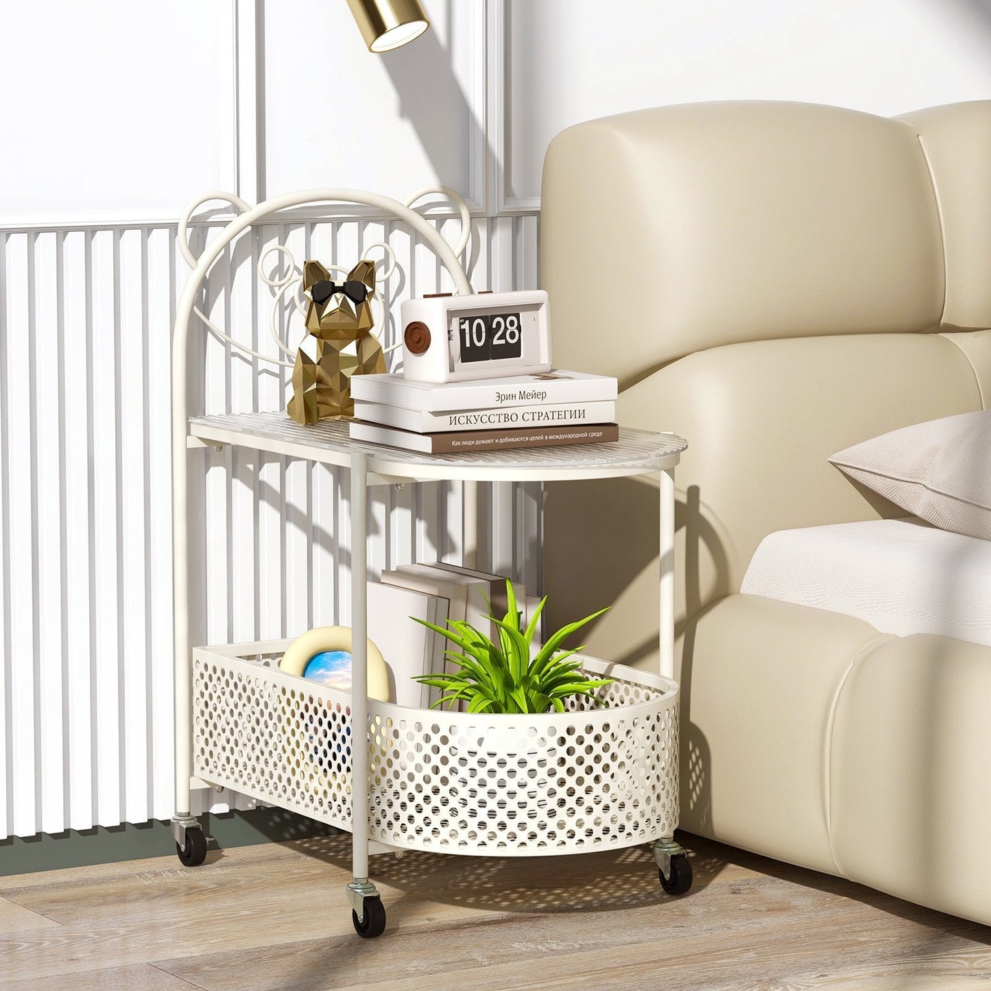 Mobile Glass Coffee Table with Bear Pattern and Storage Basket-White