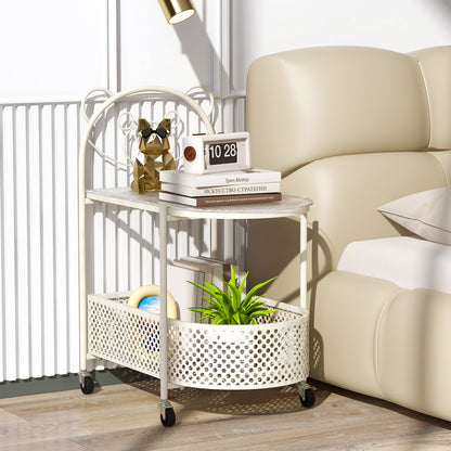 Mobile Glass Coffee Table with Bear Pattern and Storage Basket-White