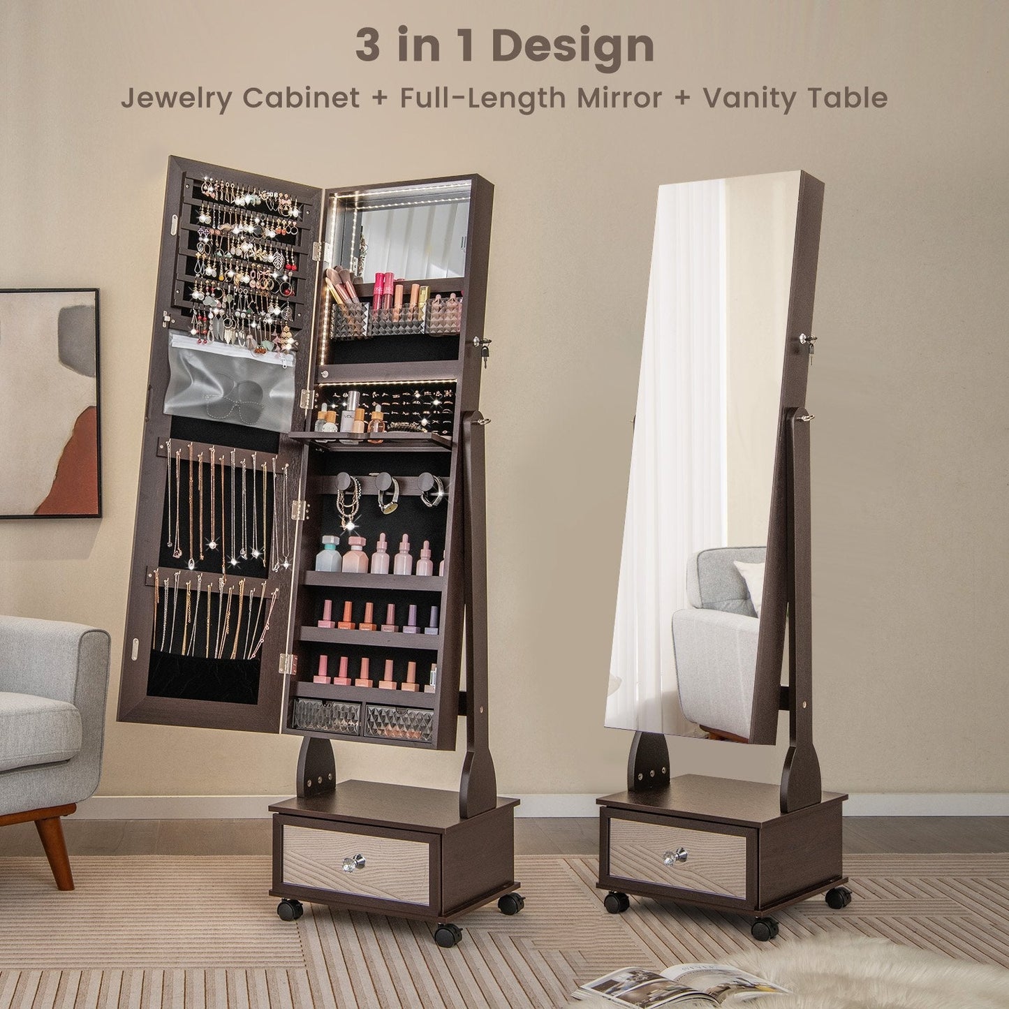 Standing Jewelry Armoire with Full-Length Mirror LED Lights and Drawers-Brown