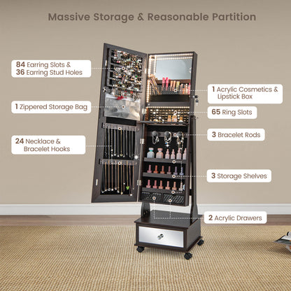 Standing Jewelry Armoire with Full-Length Mirror LED Lights and Drawers-Brown