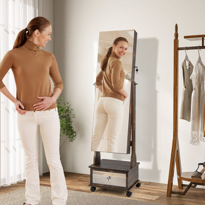 Standing Jewelry Armoire with Full-Length Mirror LED Lights and Drawers-Coffee
