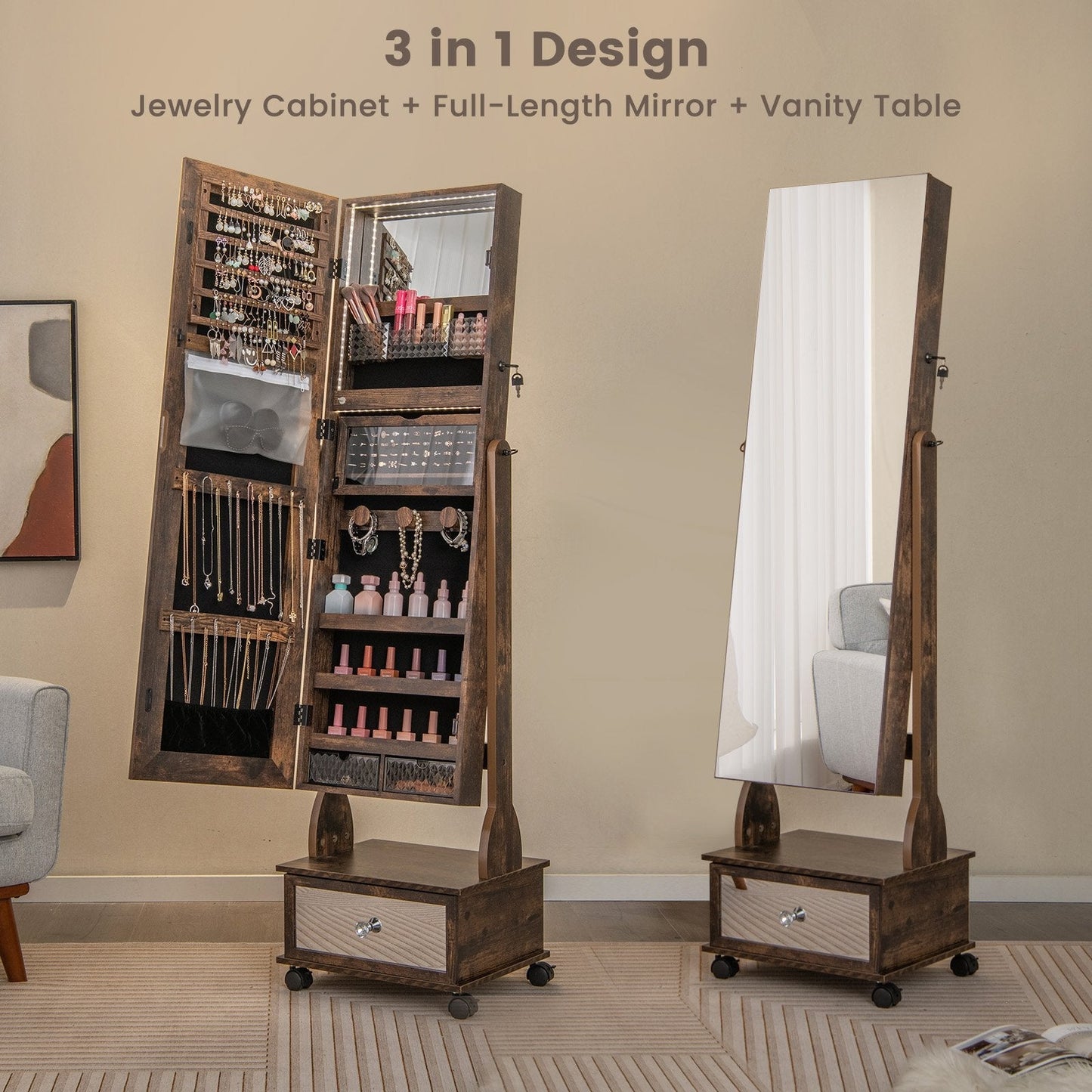 Standing Jewelry Armoire with Full-Length Mirror LED Lights and Drawers-Coffee