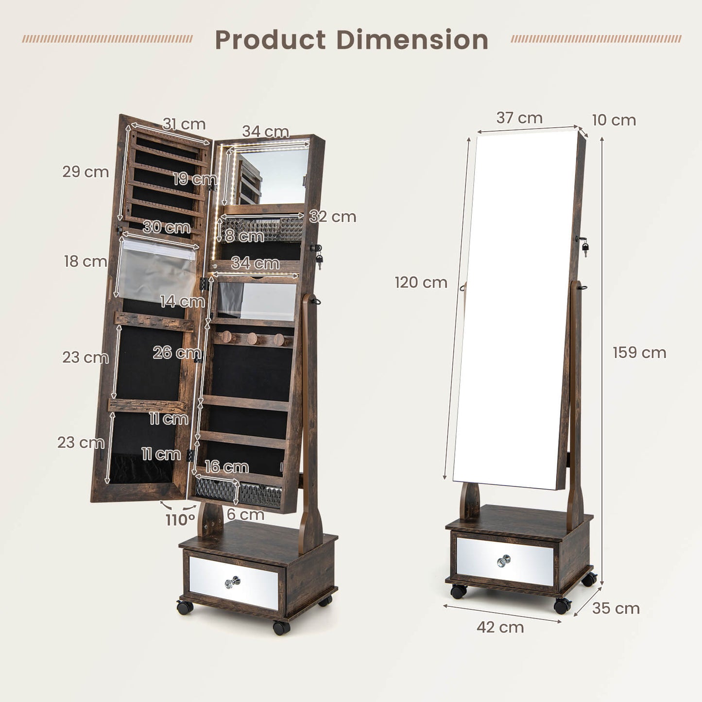 Standing Jewelry Armoire with Full-Length Mirror LED Lights and Drawers-Coffee