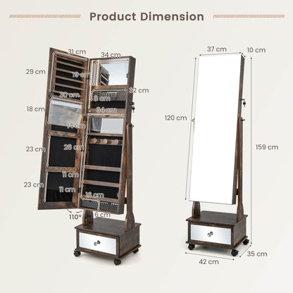 Standing Jewelry Armoire with Full-Length Mirror LED Lights and Drawers-Coffee