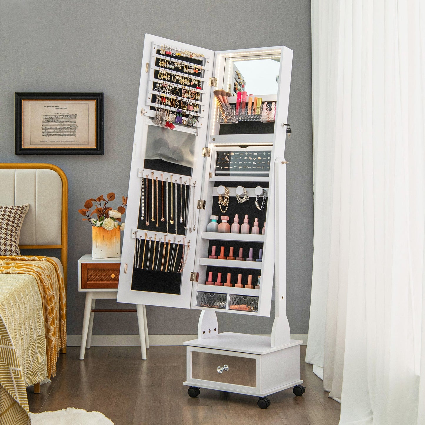 Standing Jewelry Armoire with Full-Length Mirror LED Lights and Drawers-White