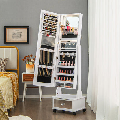 Standing Jewelry Armoire with Full-Length Mirror LED Lights and Drawers-White