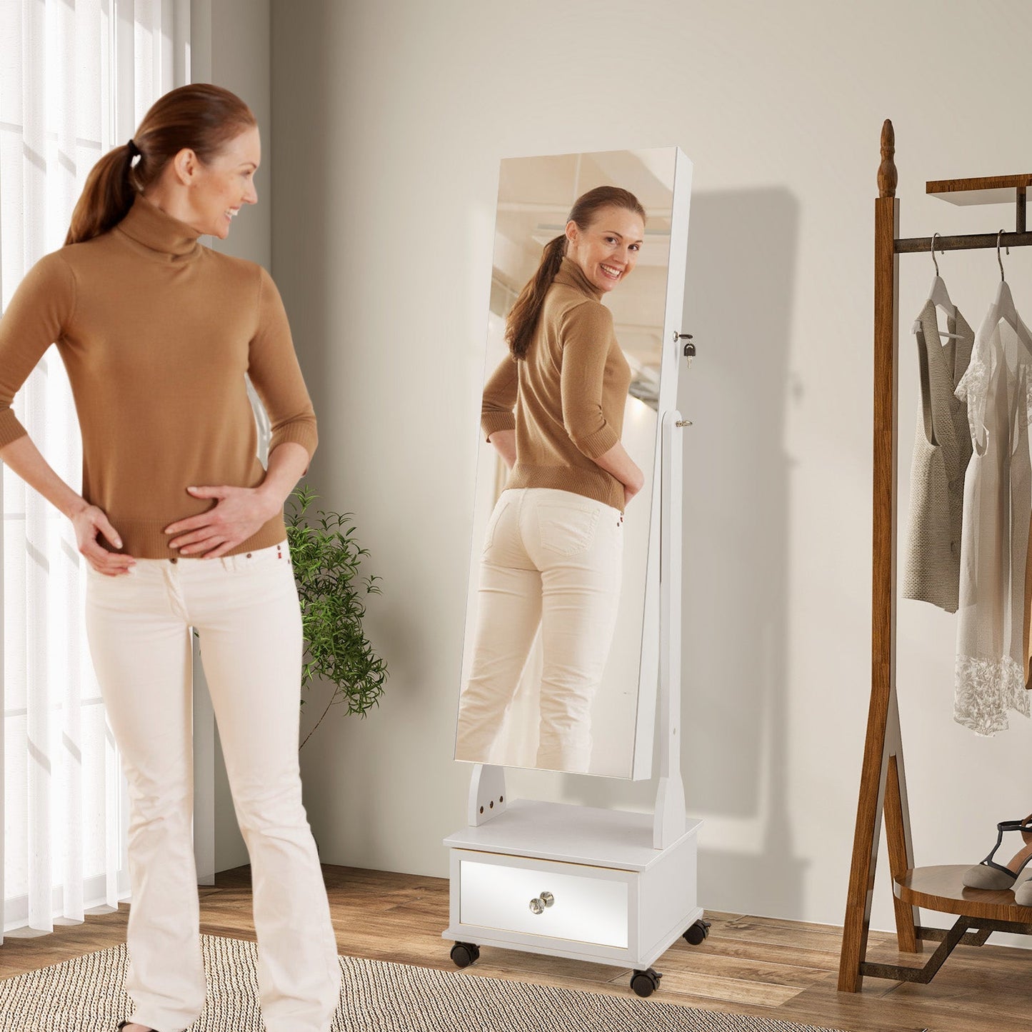 Standing Jewelry Armoire with Full-Length Mirror LED Lights and Drawers-White