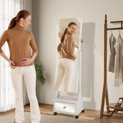 Standing Jewelry Armoire with Full-Length Mirror LED Lights and Drawers-White