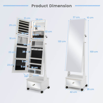 Standing Jewelry Armoire with Full-Length Mirror LED Lights and Drawers-White