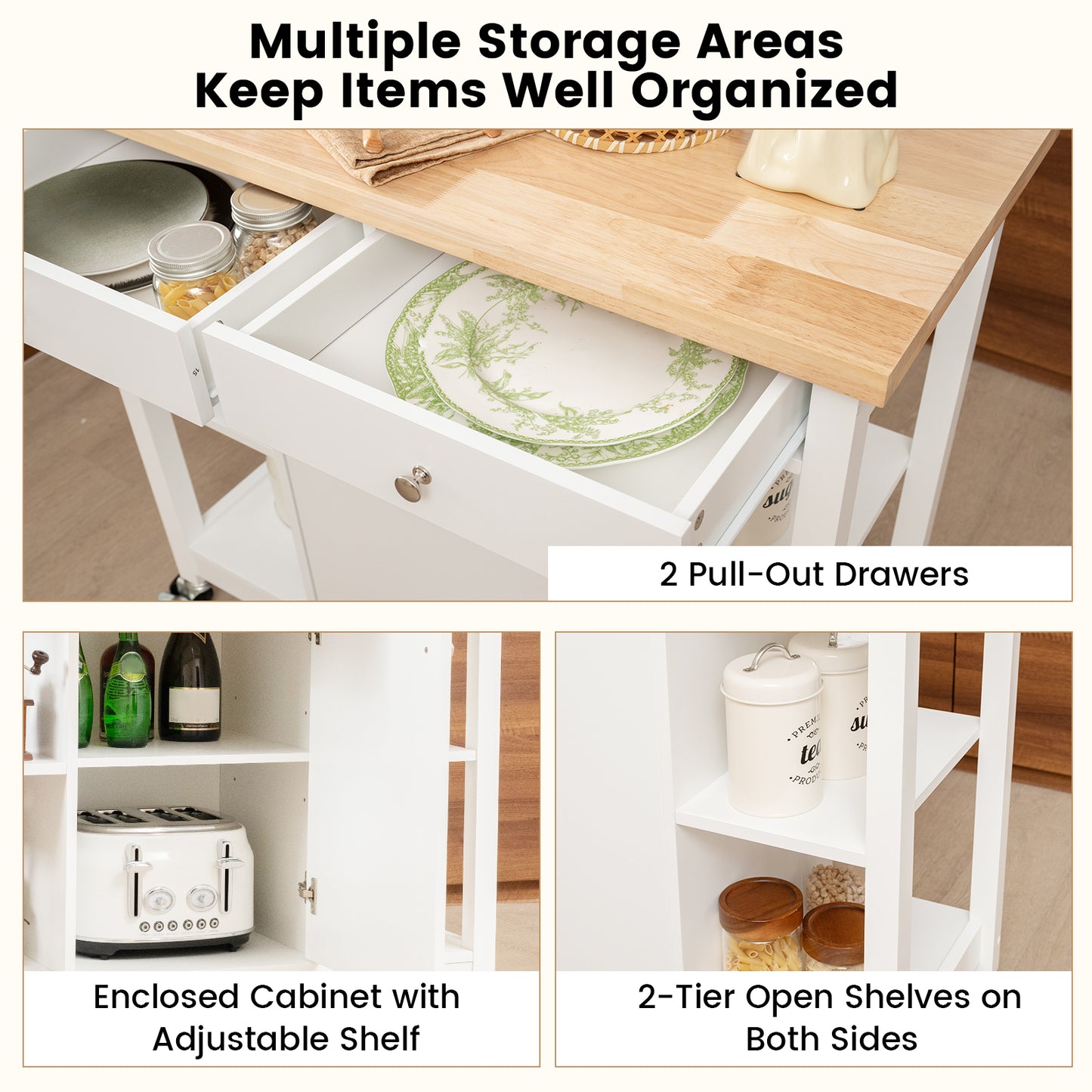 Mobile Kitchen Island Cart Rolling Kitchen Island with Rubber Wood Top-White