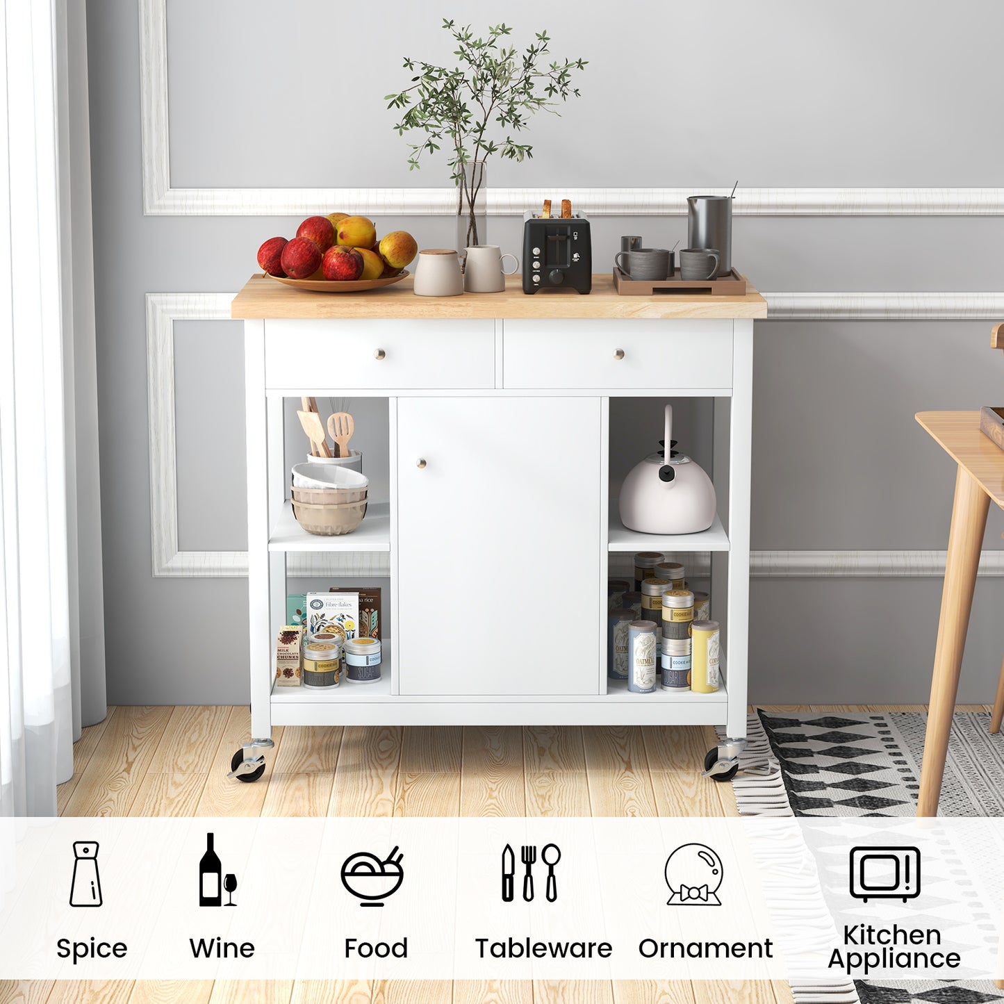 Mobile Kitchen Island Cart Rolling Kitchen Island with Rubber Wood Top-White