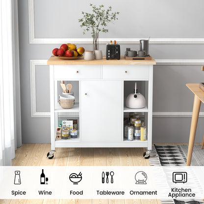Mobile Kitchen Island Cart Rolling Kitchen Island with Rubber Wood Top-White