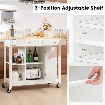 Mobile Kitchen Island Cart Rolling Kitchen Island with Rubber Wood Top-White