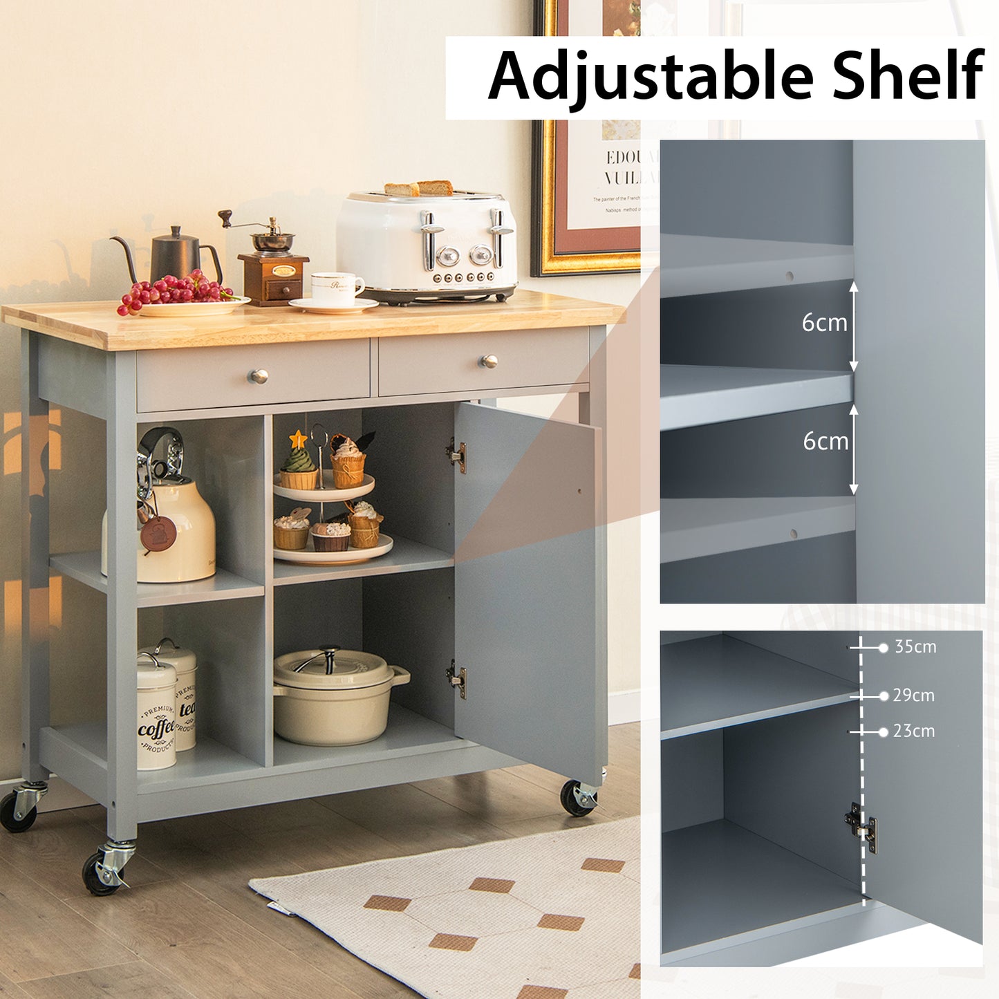 Mobile Kitchen Island Cart Rolling Kitchen Island with Rubber Wood Top-Grey