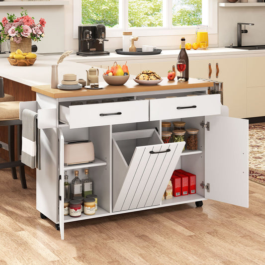 Mobile Kitchen Island with Trash Bag Storage and 2 Pull-out Drawer-White
