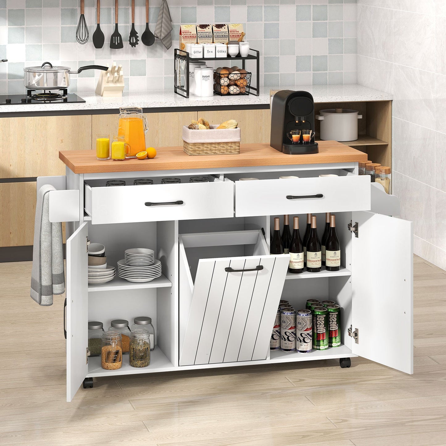 Mobile Kitchen Island with Trash Bag Storage and 2 Pull-out Drawer-White