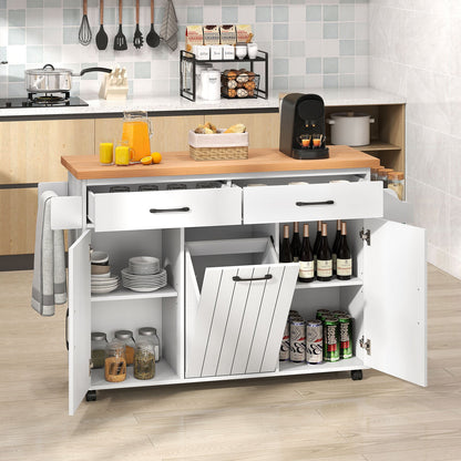 Mobile Kitchen Island with Trash Bag Storage and 2 Pull-out Drawer-White