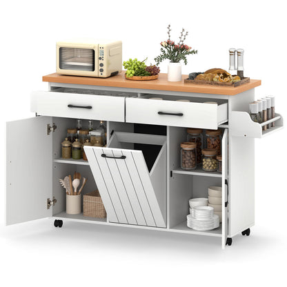 Mobile Kitchen Island with Trash Bag Storage and 2 Pull-out Drawer-White