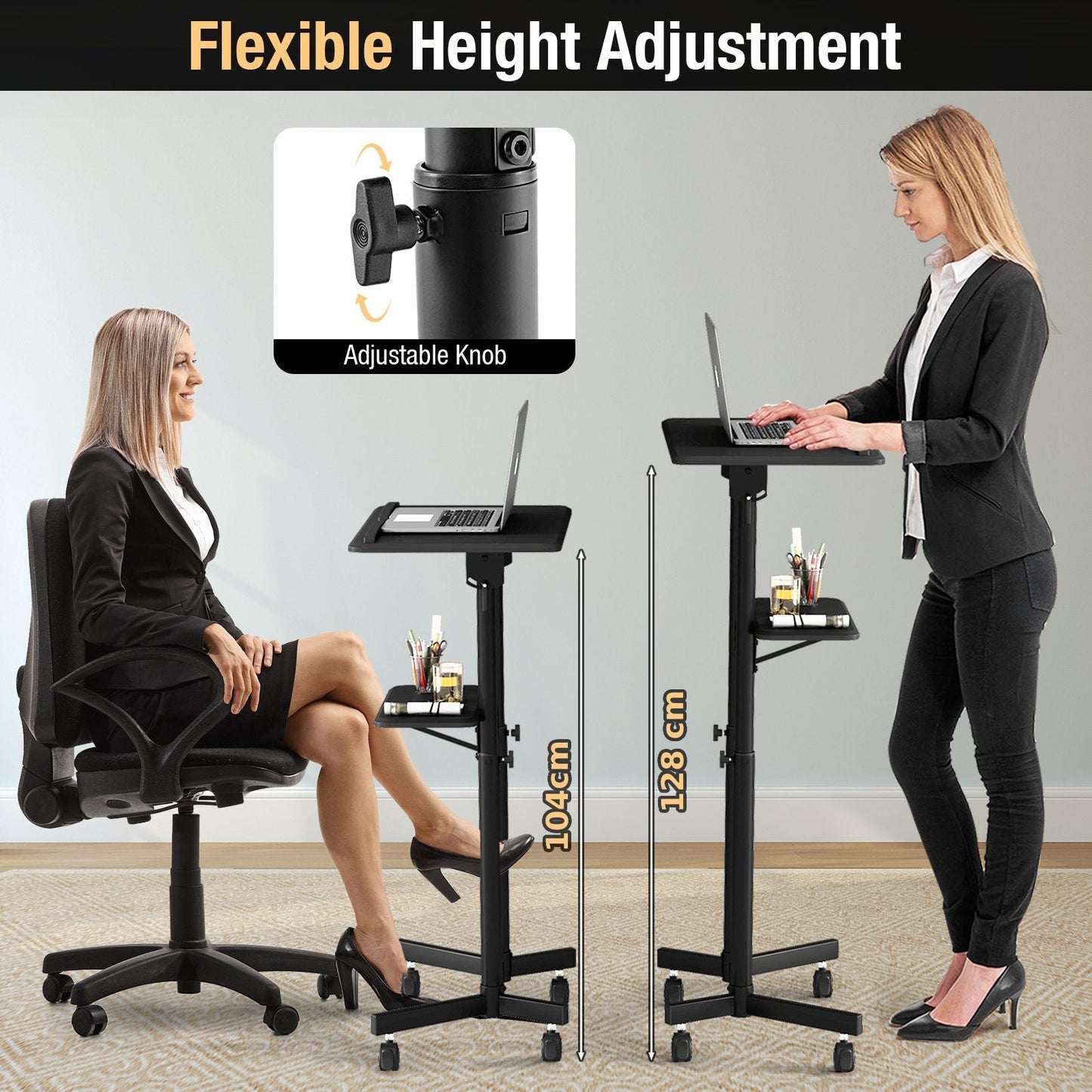 Mobile Lectern Podium Height-adjustable Rolling laptop cart with Tilting Top-Black