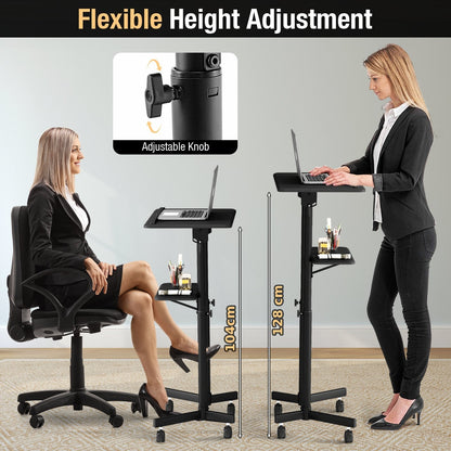 Mobile Lectern Podium Height-adjustable Rolling laptop cart with Tilting Top-Black