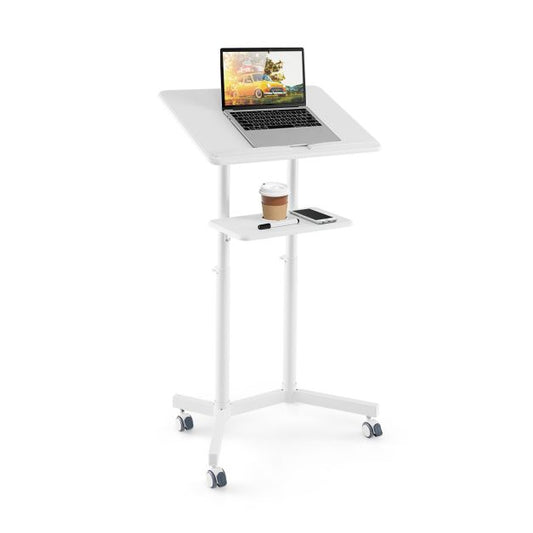 Mobile Lectern Podium Height-adjustable Rolling Laptop Cart with Tilting Top Storage Tray-White