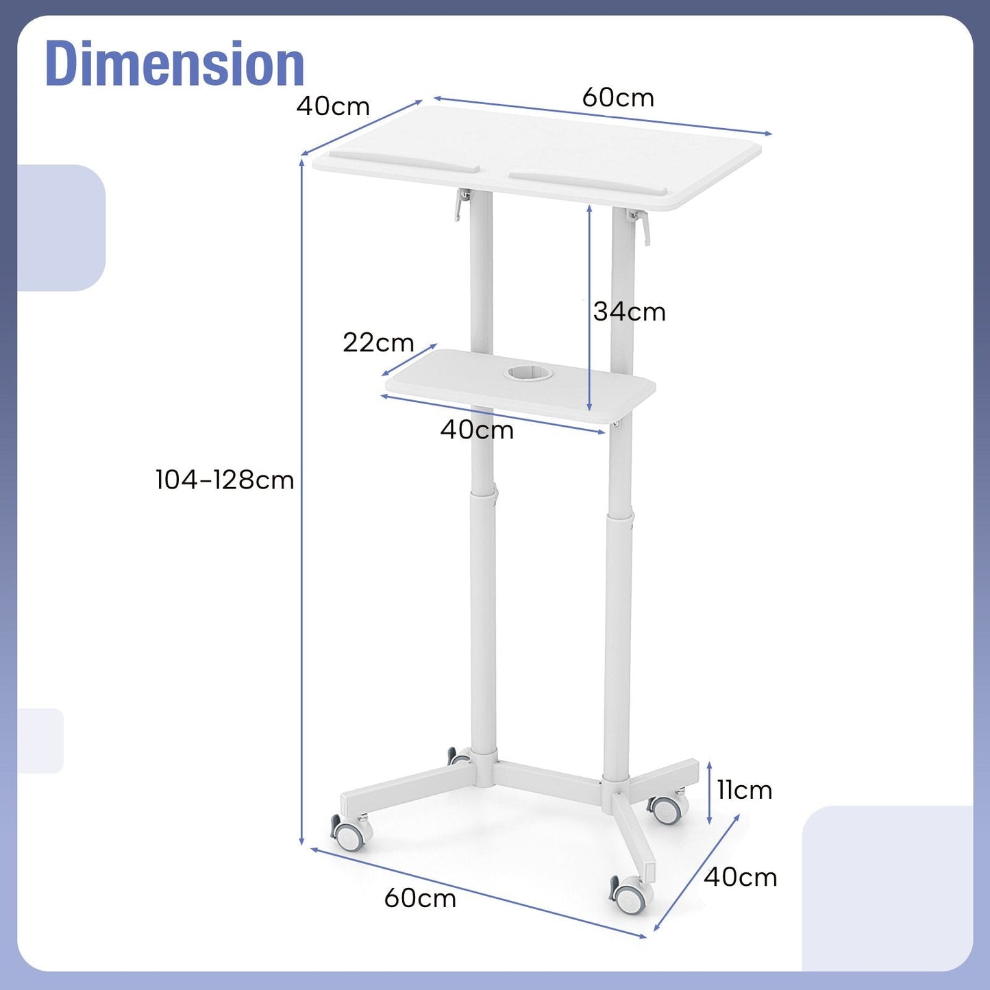 Mobile Lectern Podium Height-adjustable Rolling laptop cart with Tilting Top-White