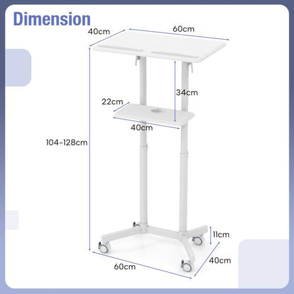 Mobile Lectern Podium Height-adjustable Rolling Laptop Cart with Tilting Top Storage Tray-White