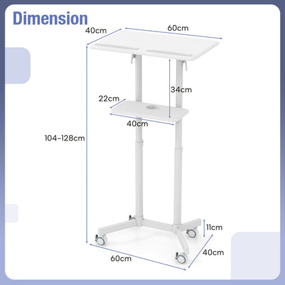 Mobile Lectern Podium Height-adjustable Rolling laptop cart with Tilting Top-White