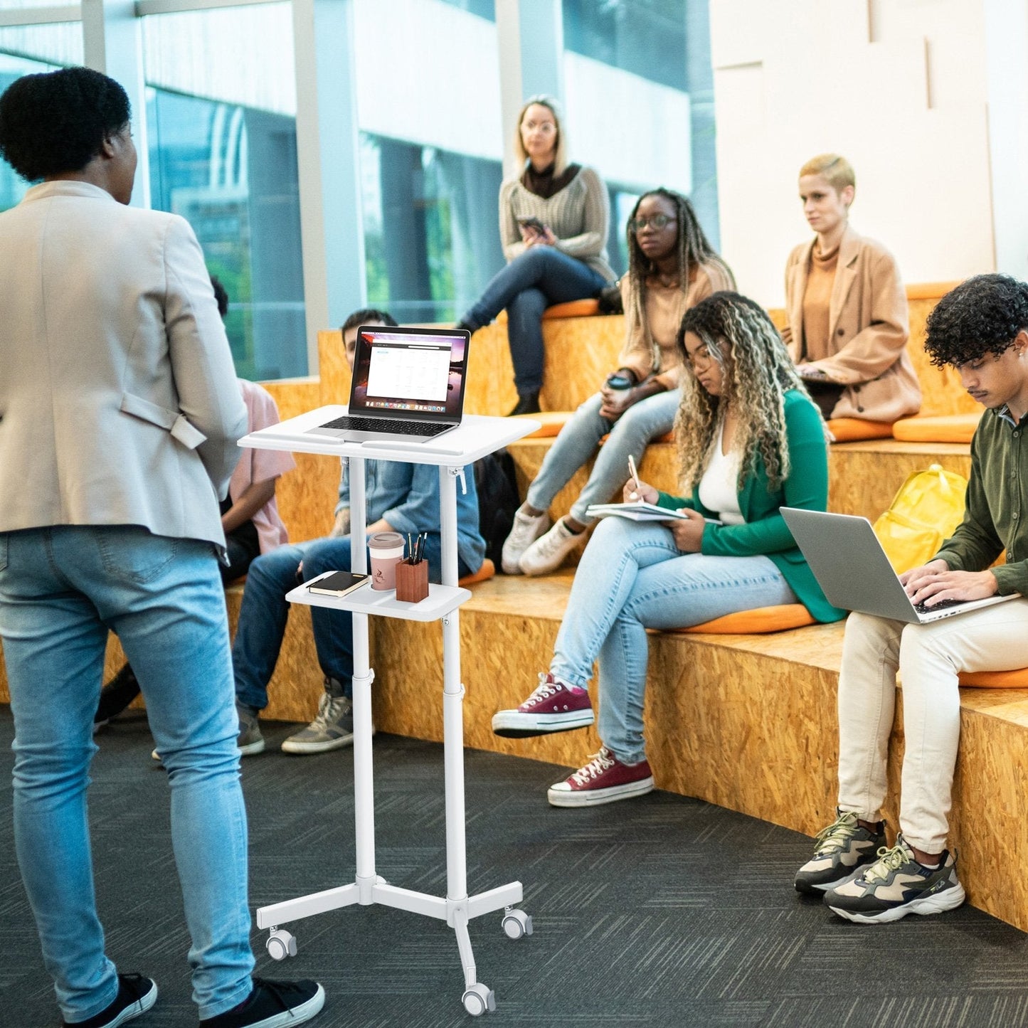 Mobile Lectern Podium Height-adjustable Rolling laptop cart with Tilting Top-White