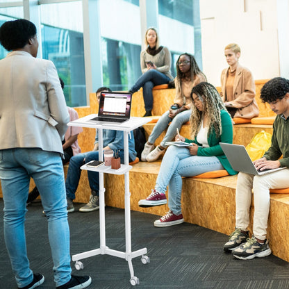 Mobile Lectern Podium Height-adjustable Rolling laptop cart with Tilting Top-White