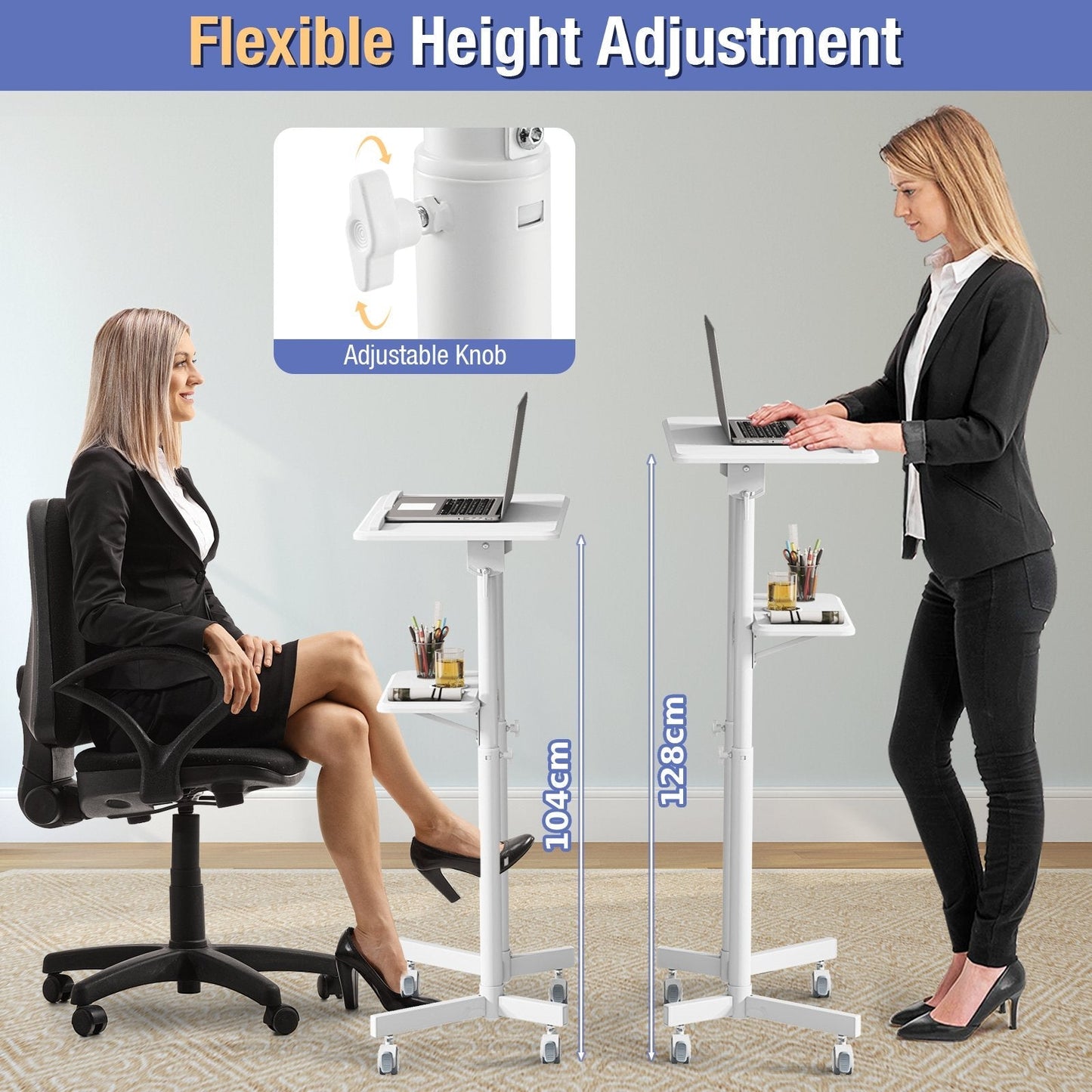 Mobile Lectern Podium Height-adjustable Rolling laptop cart with Tilting Top-White
