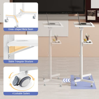 Mobile Lectern Podium Height-adjustable Rolling Laptop Cart with Tilting Top Storage Tray-White