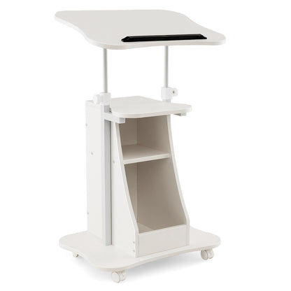 Mobile Podium Stand Height Adjustable Laptop Cart with Tilting Tabletop and Storage Compartments-White