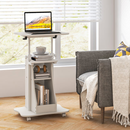 Mobile Podium Stand Height Adjustable Laptop Cart with Tilting Tabletop and Storage Compartments-White