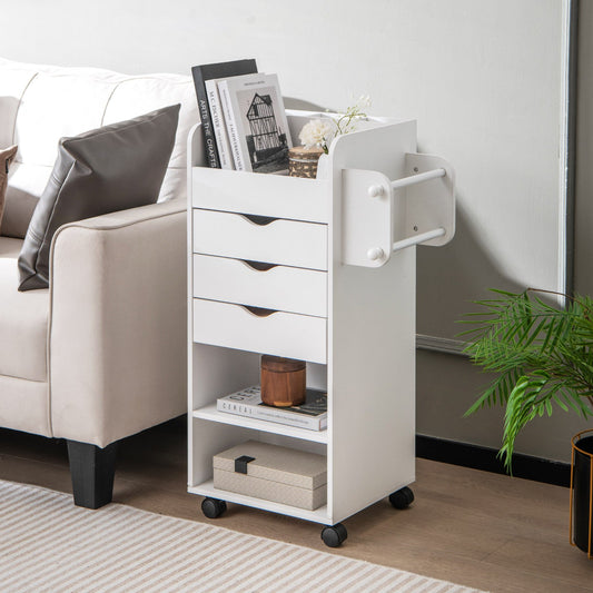 Mobile Rolling Storage Cart with 3 Drawers 2 Shelves and 2 Dowel Rods-White