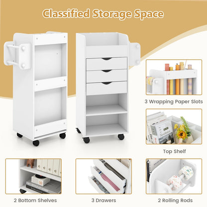 Mobile Rolling Storage Cart with 3 Drawers 2 Shelves and 2 Dowel Rods-White