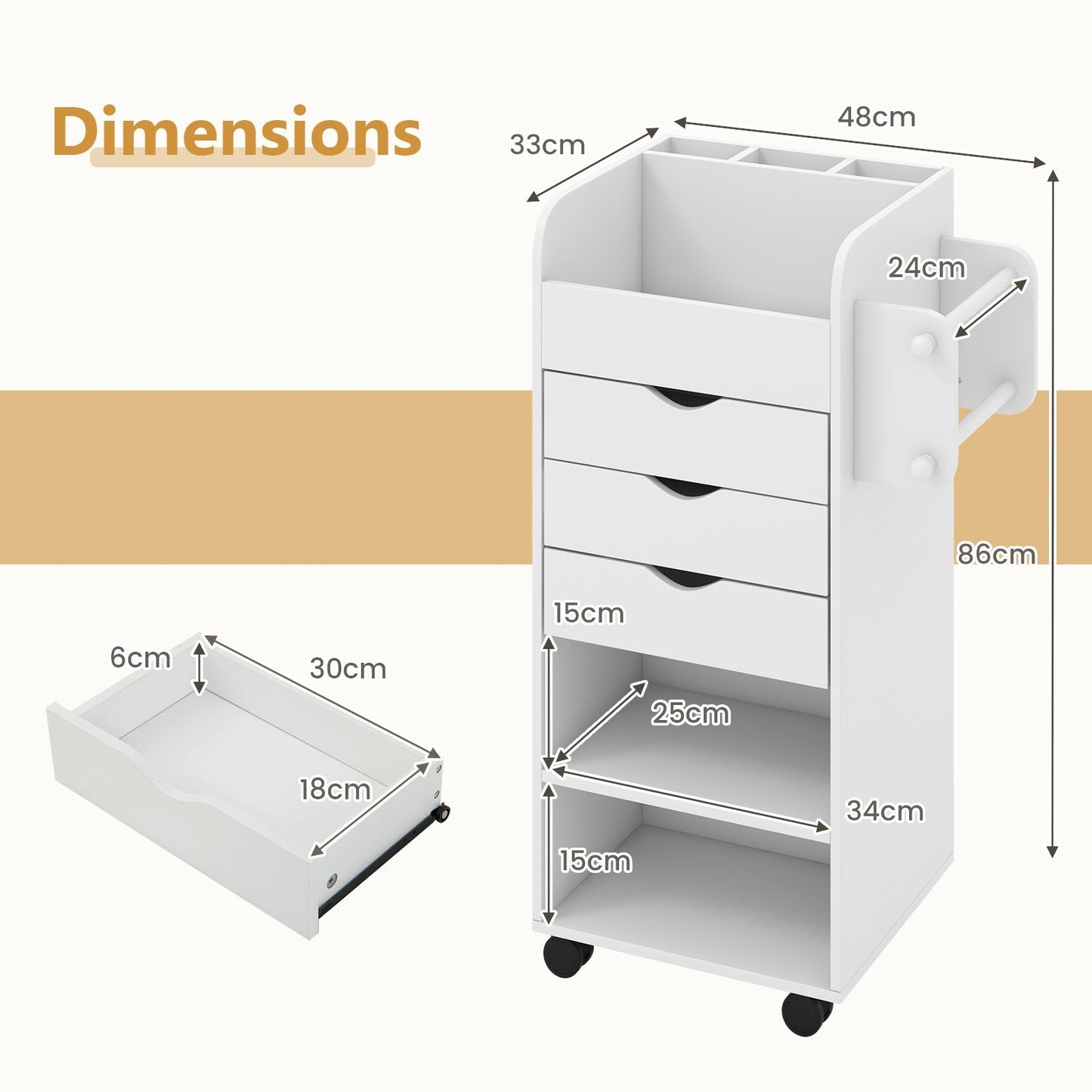 Mobile Rolling Storage Cart with 3 Drawers 2 Shelves and 2 Dowel Rods-White